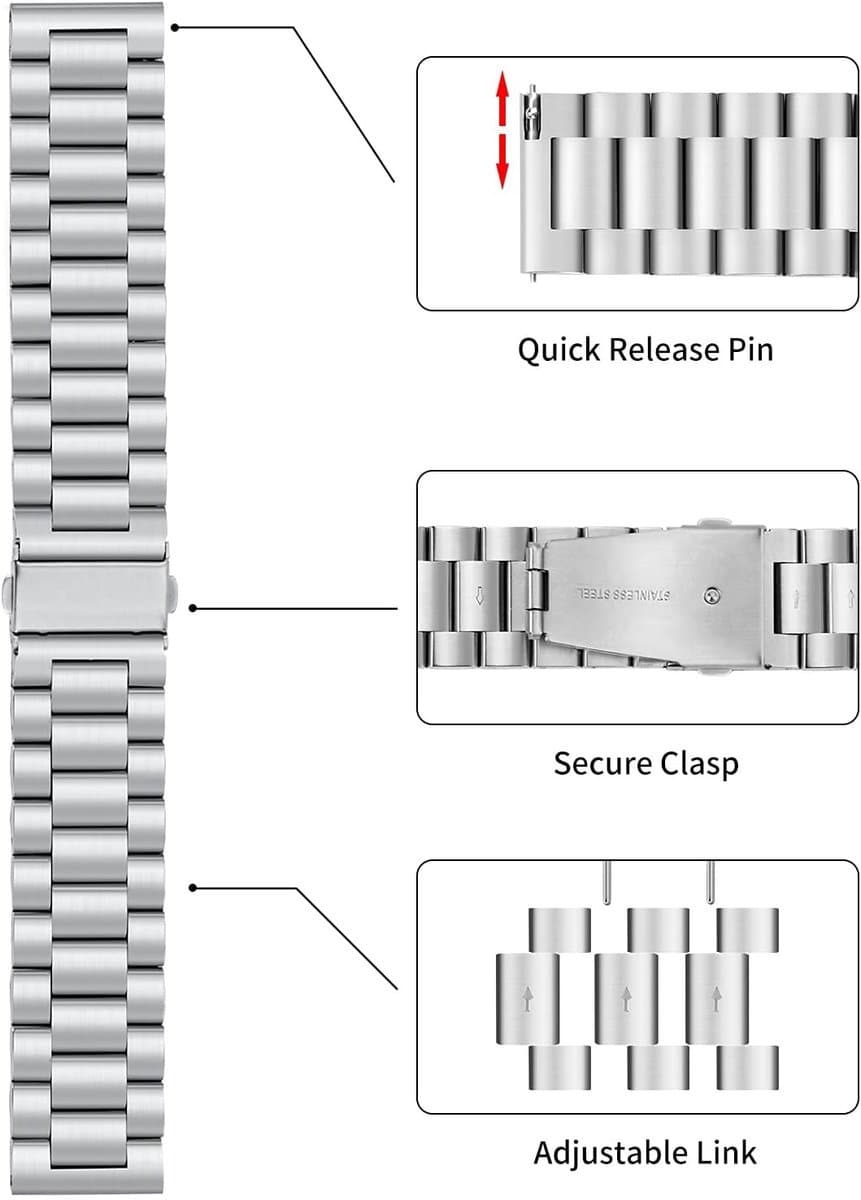 Stijlvolle metalen horlogeband voor heren en dames met snelsluiting, roestvrij staal, vervangband voor smartwatch, 16-22 mm