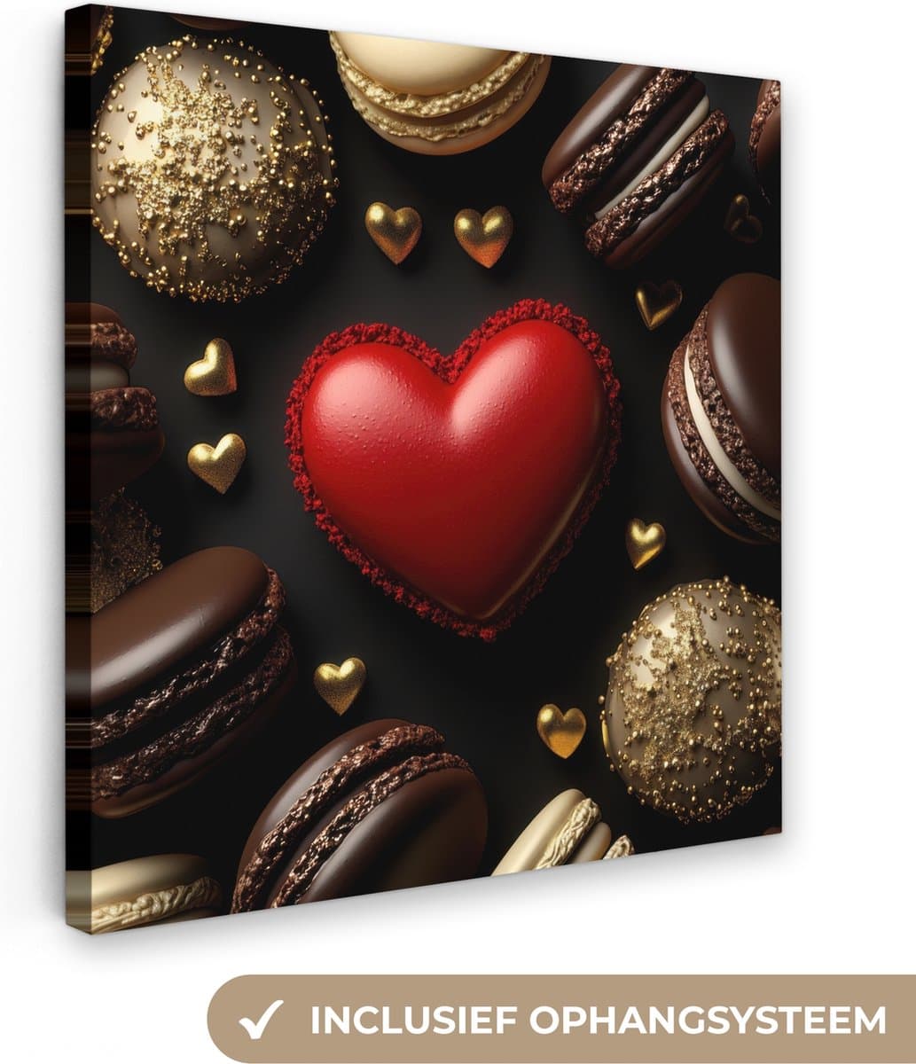 Canvas schilderij 50x50 cm - Exclusieve wanddecoratie Macarons - Rood - Hart - Muurdecoratie woonkamer - Slaapkamer decoratie - Kamer accessoires - Schilderijen op canvas - Valentijn versiering - Cadeautje voor hem en haar - Valentijnsdag cadeautje