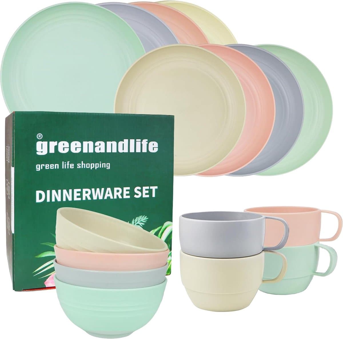 16-delige kunststof serviesset, onbreekbare campingborden en kommen, servies voor 4 personen, greenandlife, dinerbord, dessertbord, ontbijtgranenkom, beker, vaatwasser en vaatwasser