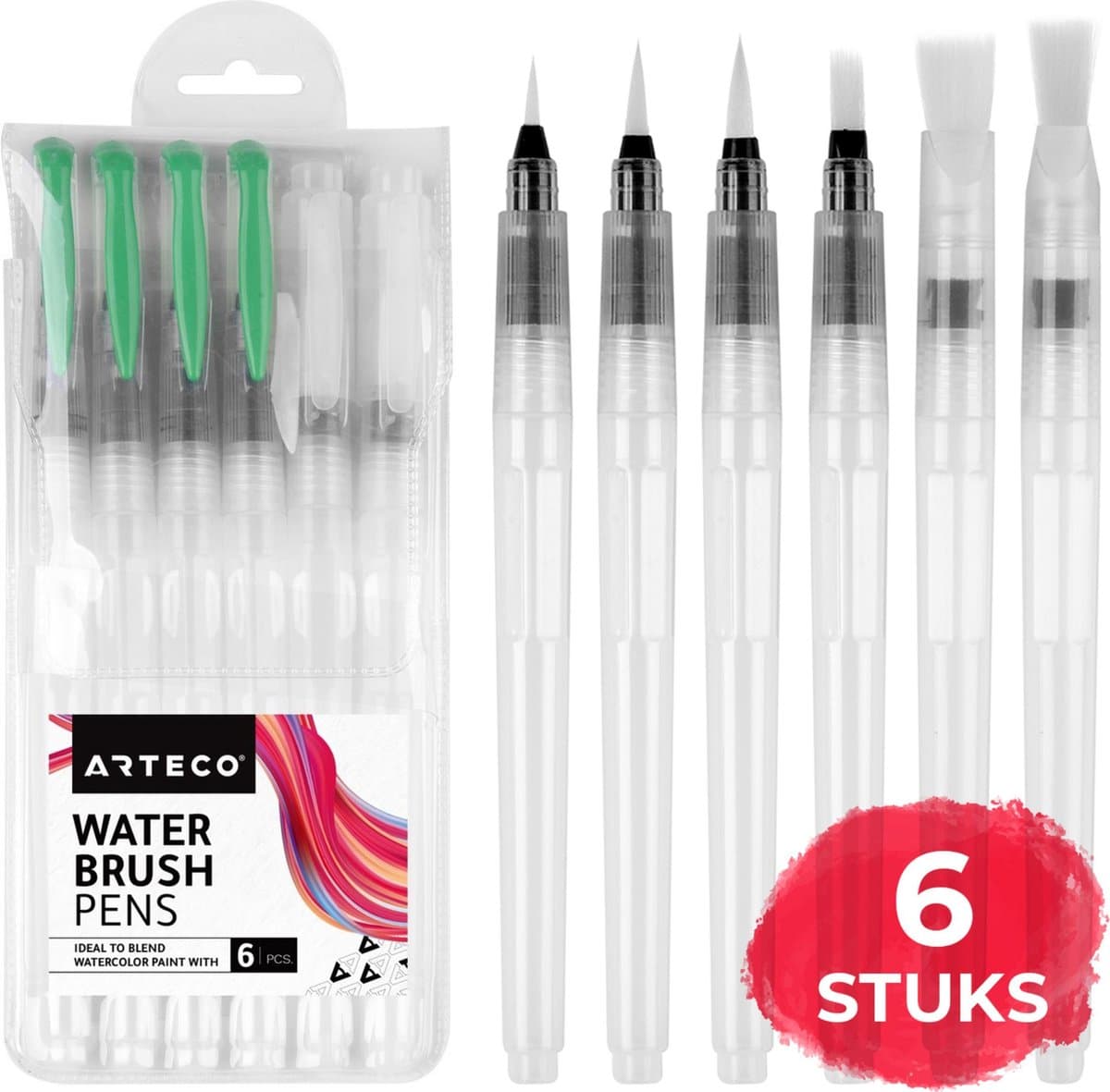 ARTECO® Set 6 Stuks Waterbrush Pennen (3 Punt + 3 Plat) - Navulbaar Penseel – Brushlettering & Kalligrafie
