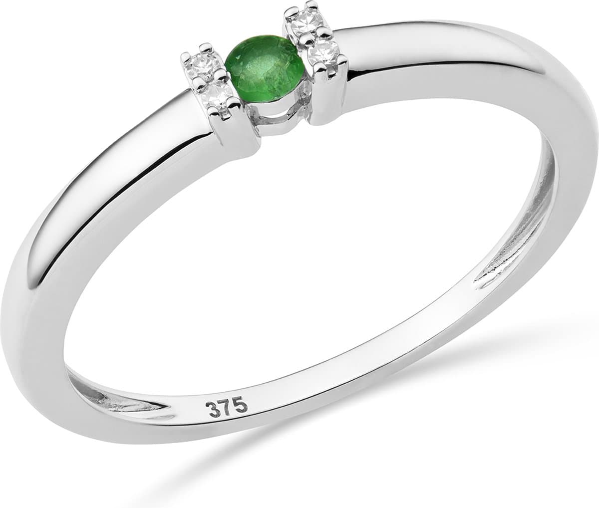 Miore Pure Ring Dames - 9 Karaat - Zilverkleurig - Met Diamanten en Groene Smaragd - Maat 56
