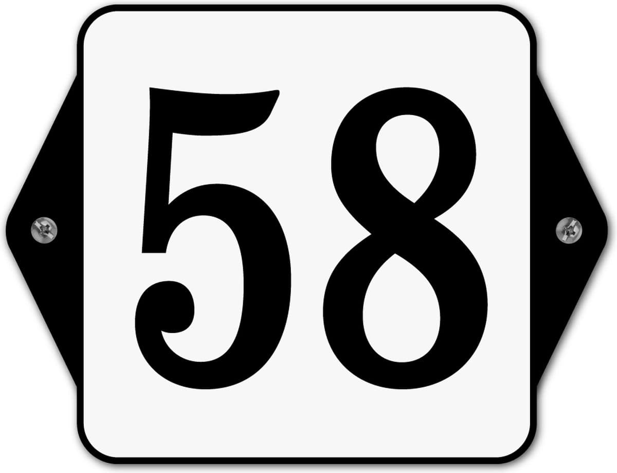 Huisnummerbord klassiek - huisnummer 58 - 16 x 12 cm - wit - schroeven - nummerbord - voordeur