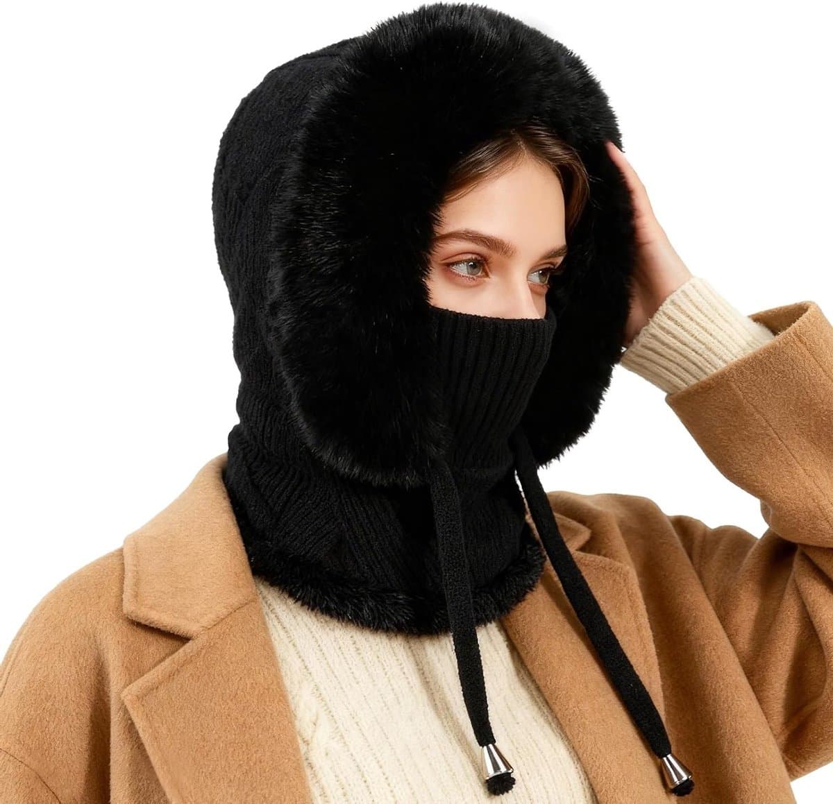 Warme Gebreide Wintermuts met Nekwarmer voor Vrouwen, Winddichte Balaclava, Thermische Fleece Voering en Zachte Fluffy Sjaal met Kap voor Koude Dagen en Skiën