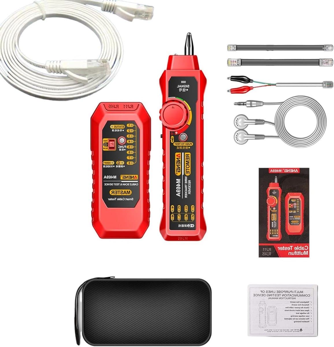 Netwerkkabeltester - Kabeltester RJ45 - Netwerken Testen - Multifunctioneel - Met Draagtas - Rood