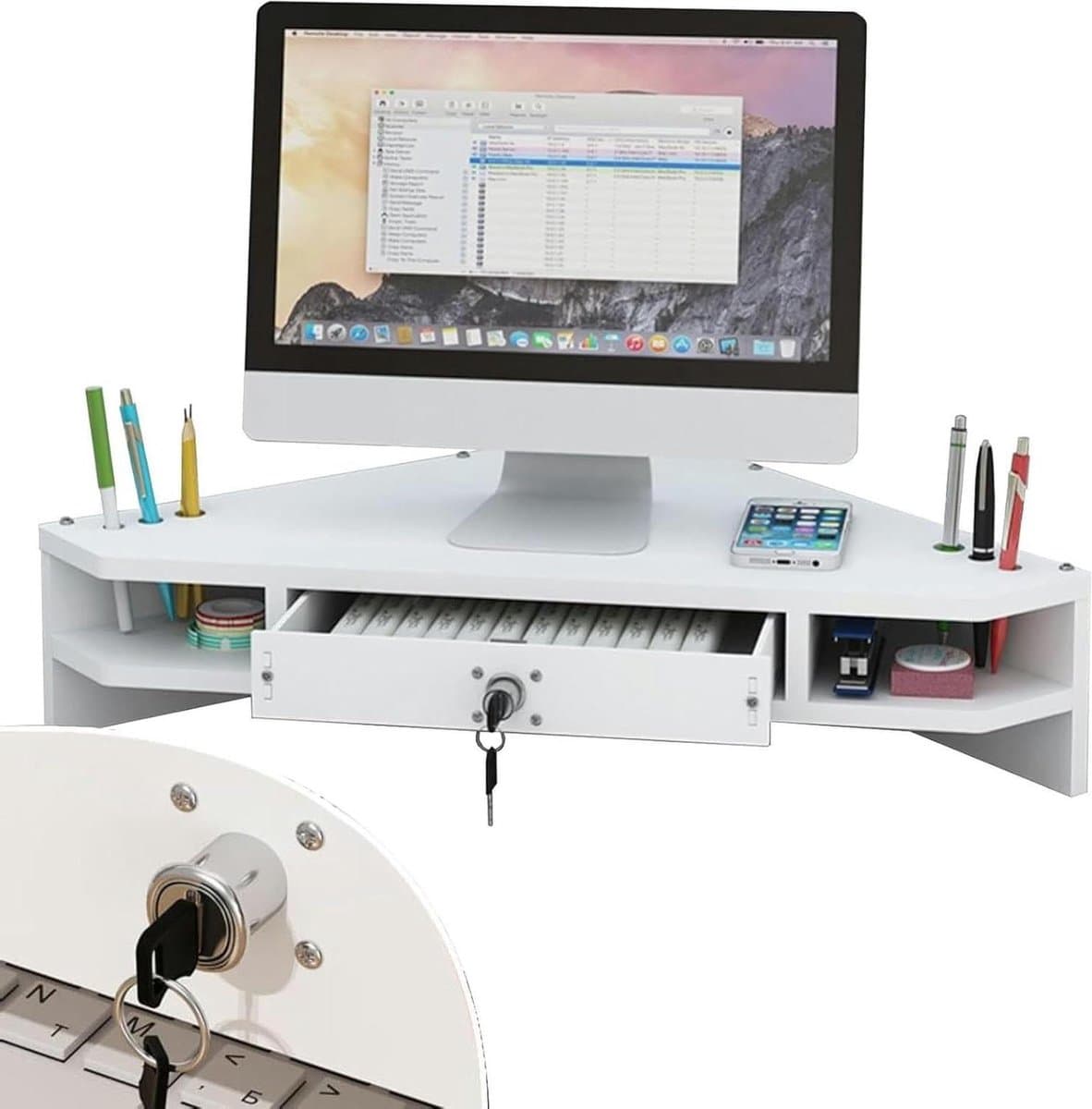 Monitor Standaard - Bureau Organizer - Ergonomisch Werken - Met Afsluitbare Lade - 56 cm Breed - Wit