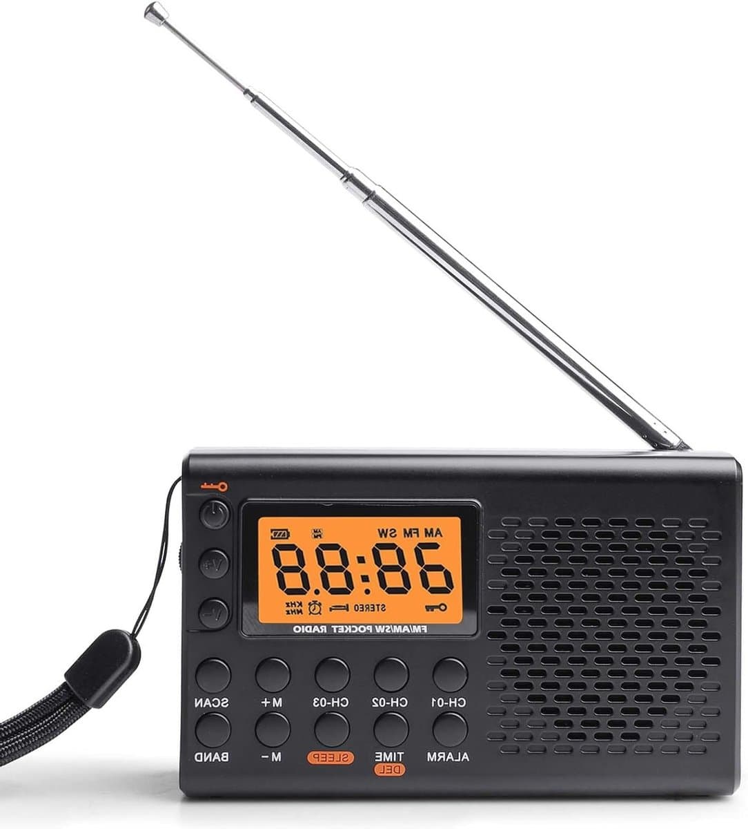 Draagbare radio met AM, FM, en SW ontvangst, LCD-display, 35 presets, koptelefoon aansluiting en alarmfunctie, ideaal voor onderweg en thuisgebruik
