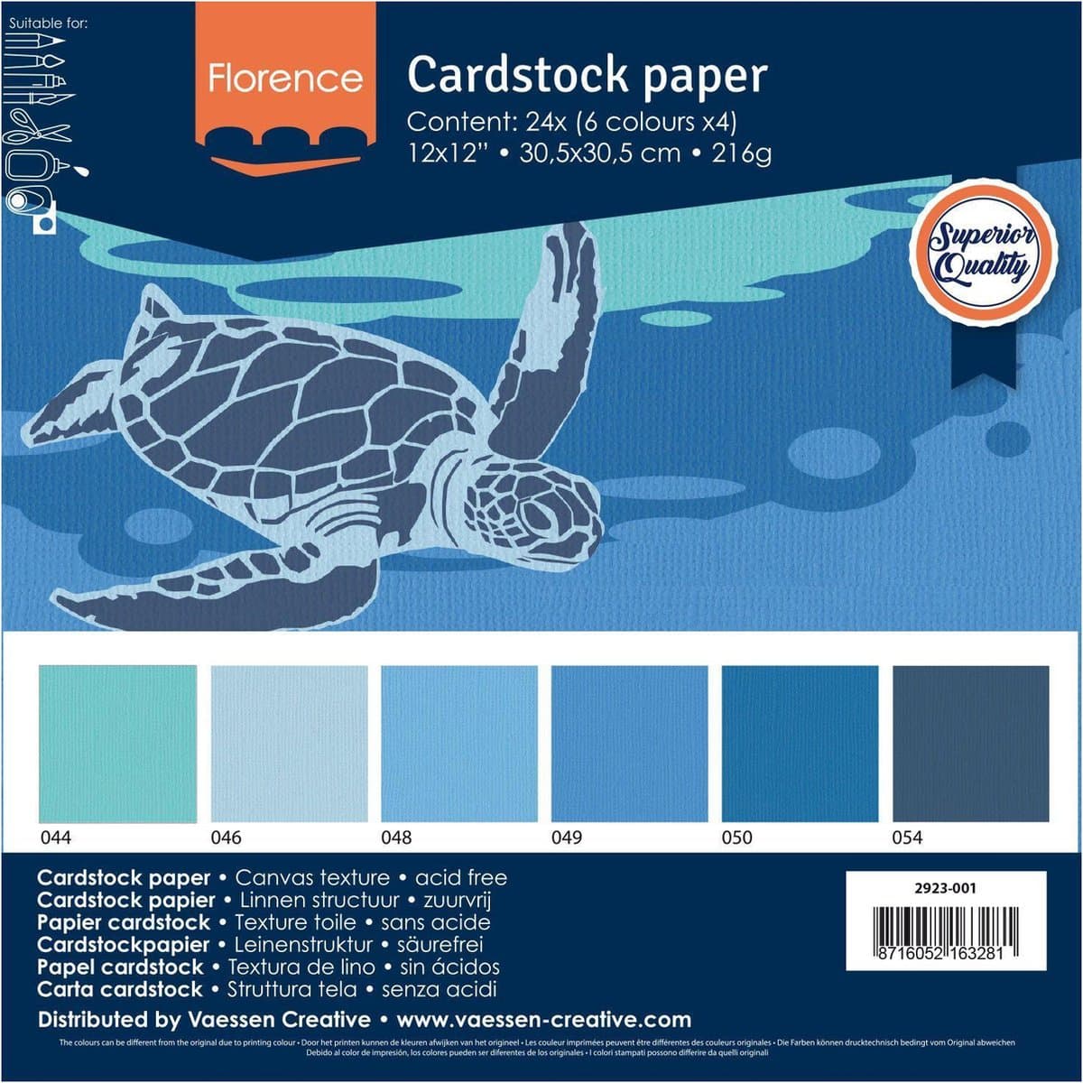 Vaessen Creative Florence Cardstock, Stevig Kaartpapier 216g - Blauw, 24 Stuks. 30,5 x 30,5 cm