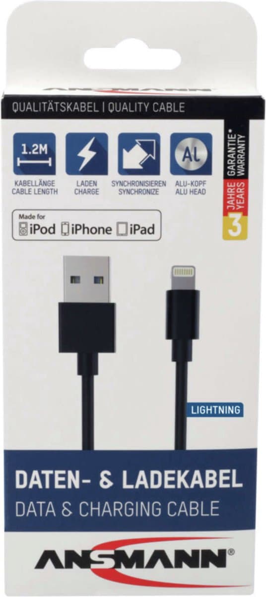 Ansmann USB-kabel USB-A stekker, Apple Lightning stekker 1.20 m Zwart Aluminium-stekker, TPE-mantel, Stekker past op be