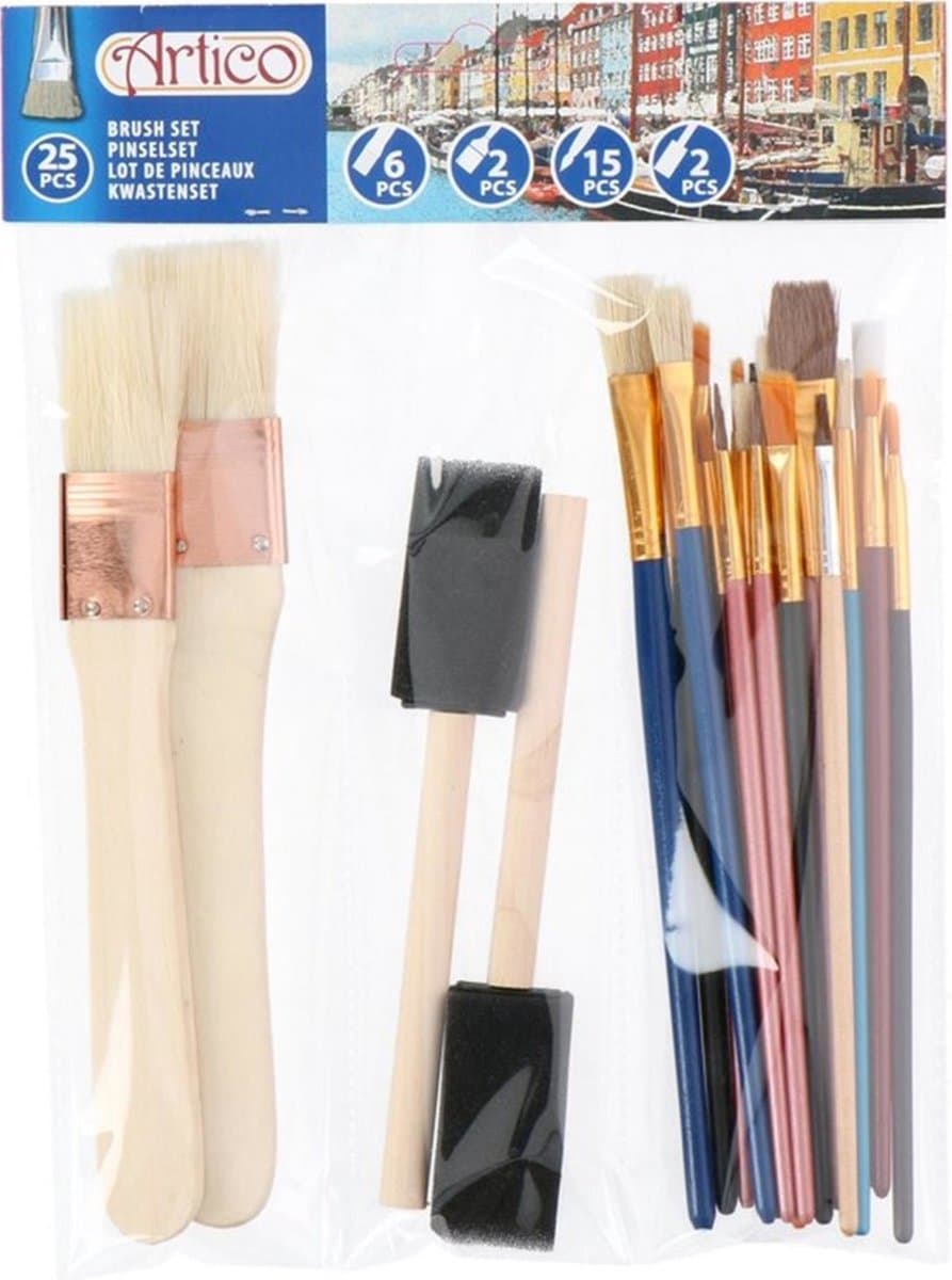 Artico Verfkwasten Set - 25 Stuks - Geschikt voor Verschillende Soorten Verf - Makkelijk Schoon te Maken - Hout
