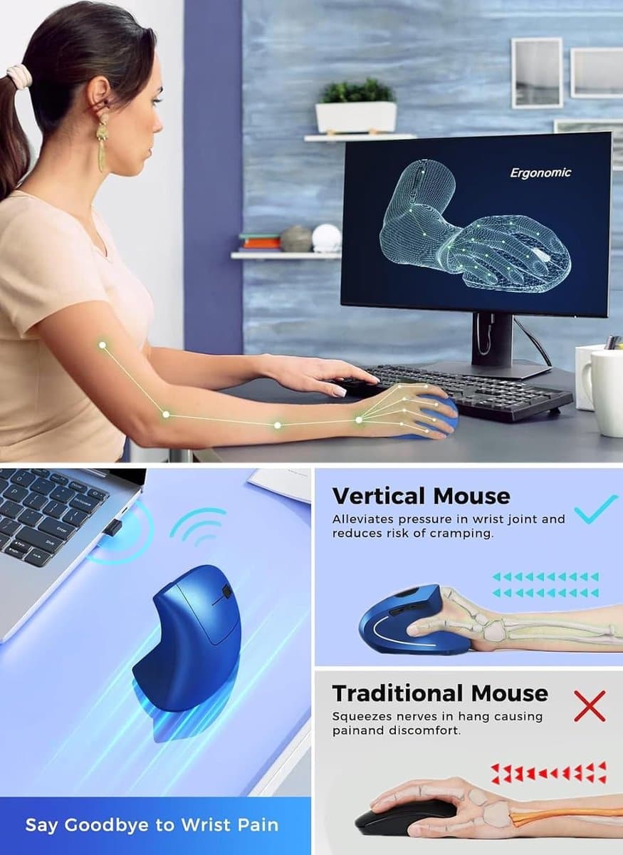 Ergonomische Draadloze Verticale Muis - Oplaadbaar, Optische Precisie, Aanpasbare DPI voor Laptop en Computergebruik