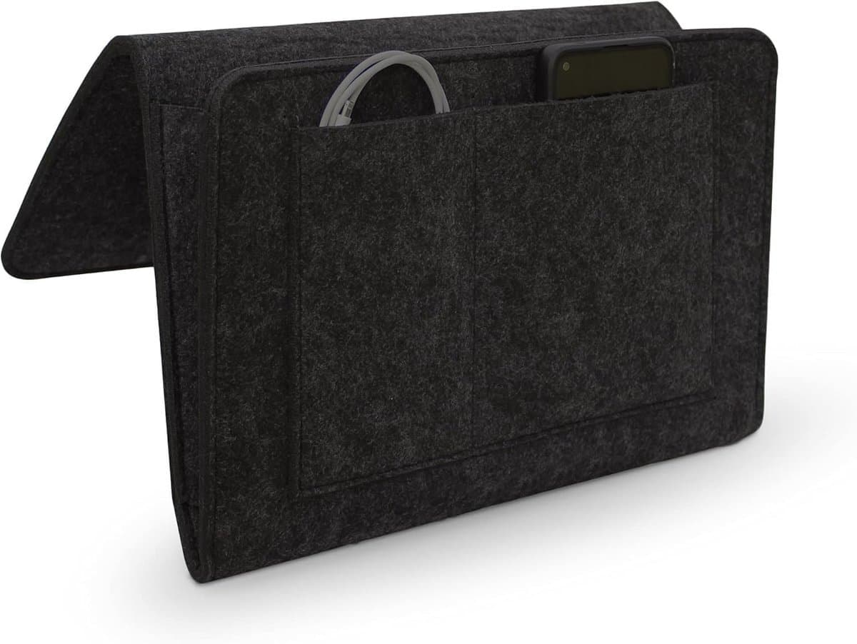 Opbergzak voor slaapkamer, 20 x 32 cm, Vilt Organizer met 5 Compartimenten voor Telefoon, iPad, afstandsbediening, Boeken en Bril (Zwart)