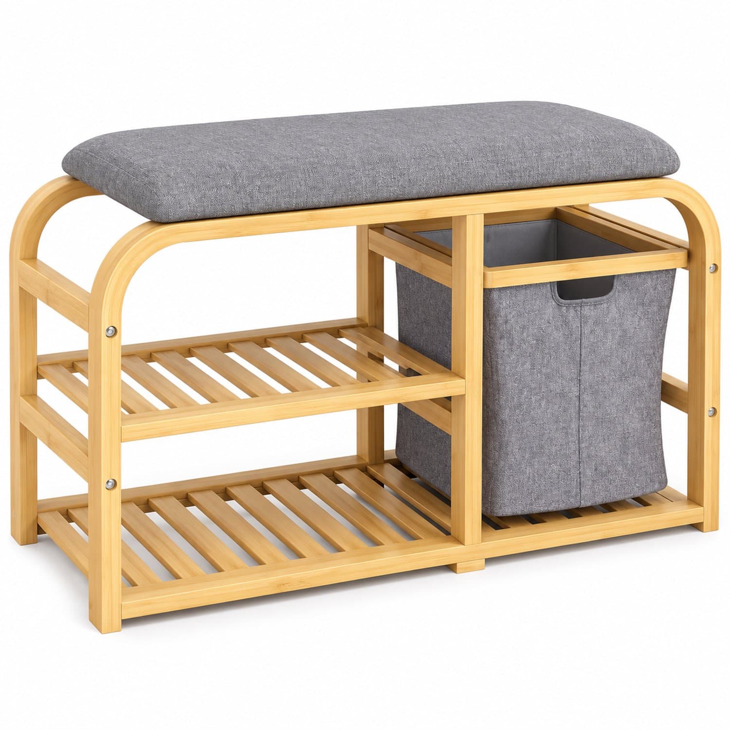 Luxevo Schoenenbank - Met Zitkussen en Opbergmand - Bamboe - 2 Schoenenplanken - 70 x 30 x 45 cm - Naturel/Grijs