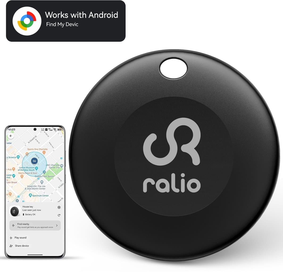 Ralio Bluetooth Tracker–Android / Google Find My Device - Android Airtag - 1 Pack–Met geluid–Sleutels, Fiets, Auto–Key Finder- Zwar