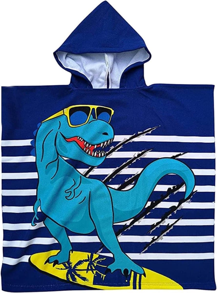 Schattige Cartoon Badcape voor Kinderen met Kap - Zachte en Sterke Absorptie - Ideaal voor Strand en Bad (Dino met Zonnebril)