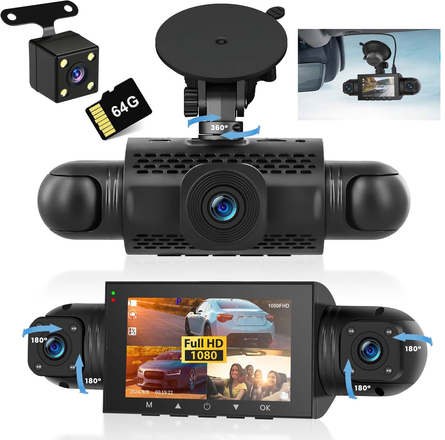 Dashcam Auto 4 Kanalen 1080p Zwart - Groothoek 150 Graden - 3 Inch Scherm - Nachtzicht - Met Beeldscherm