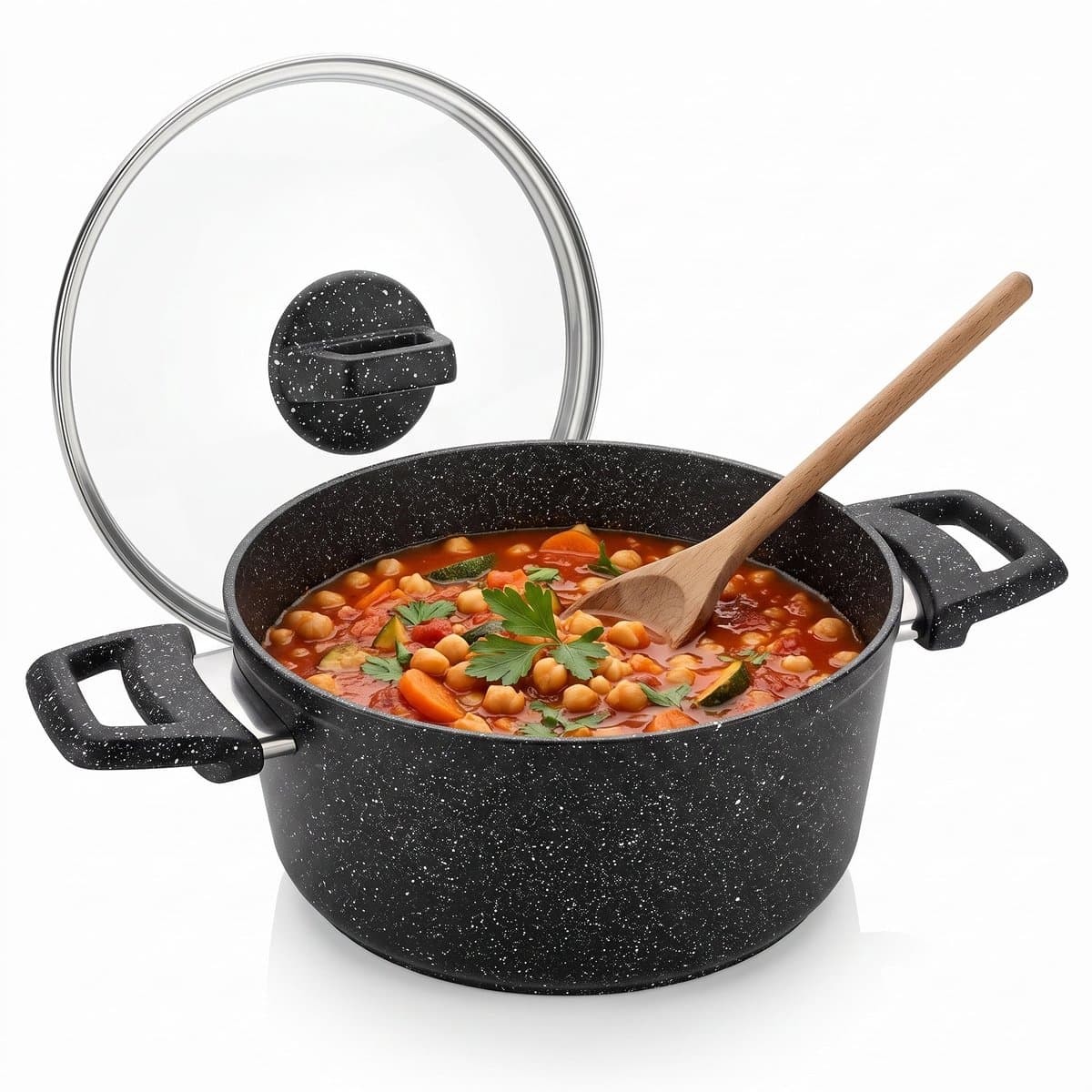 Cheqo® Braadpan met Glazen Deksel - Kookpan - Braadpan met Marmeren Coating - Antiaanbakpan - Inductiepan - Kookpot - Stoofpan - Soeppan - Pan voor Alle Warmtebronnen - Braadpan met Zijhandvatten - Pan met Deksel - Pastapan - Granietlook - Zwart