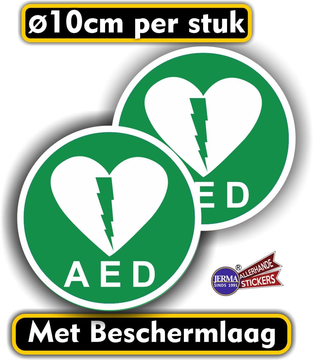 Jerma - AED aanwezig-stickers - 2 st-Ø 10 cm - UV en weerbestendig vinyl
