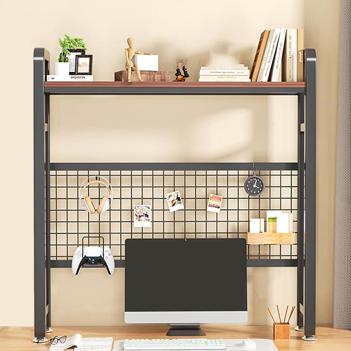 Desktop Boekenplank - Opbergrek Bureau - Werkruimte Organiseren - Stijlvol Houten Frame - Verkrijgbaar in 3 Maten - Zwart