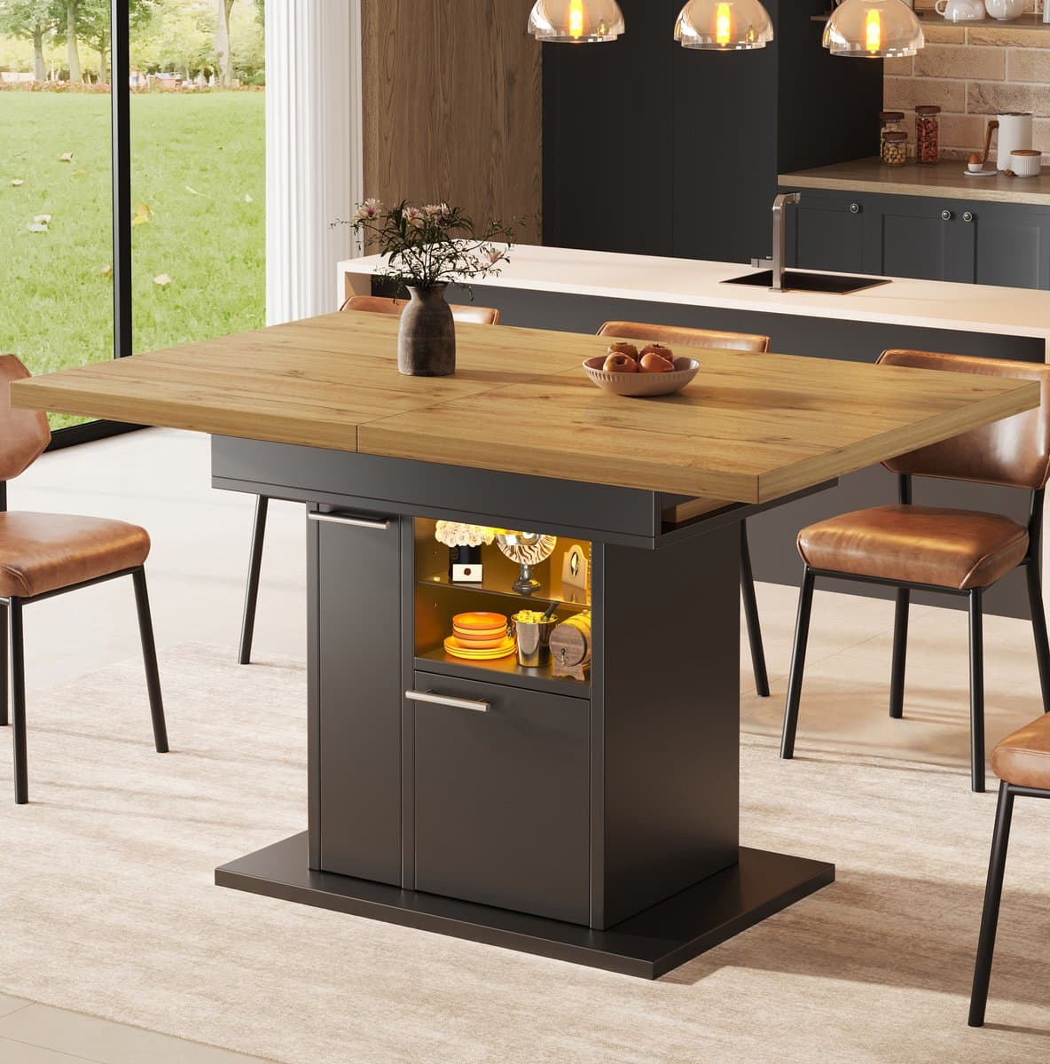 DESMIU Uitschuifbare Eettafel Met Opbergruimte En Ledverlichting Voor Kleine Ruimtes En Gezinsmomenten Zwart MDF 110 140 X 80 X 77,2 Cm