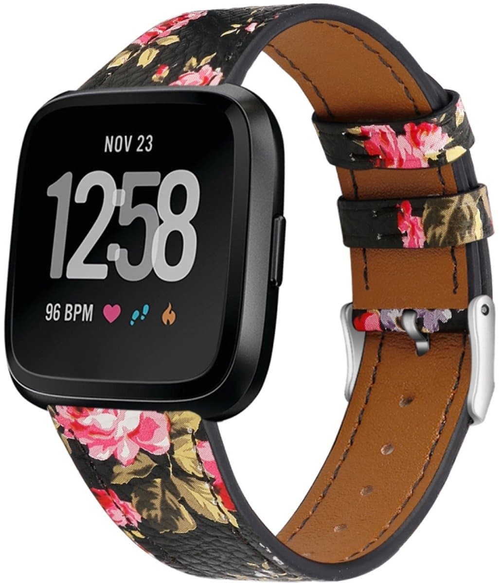 Voor Fitbit Versa 2 / Fitbit Versa / Fitbit Versa Lite lederen band met ronde staartgesp (zwarte huid, roze bloem)