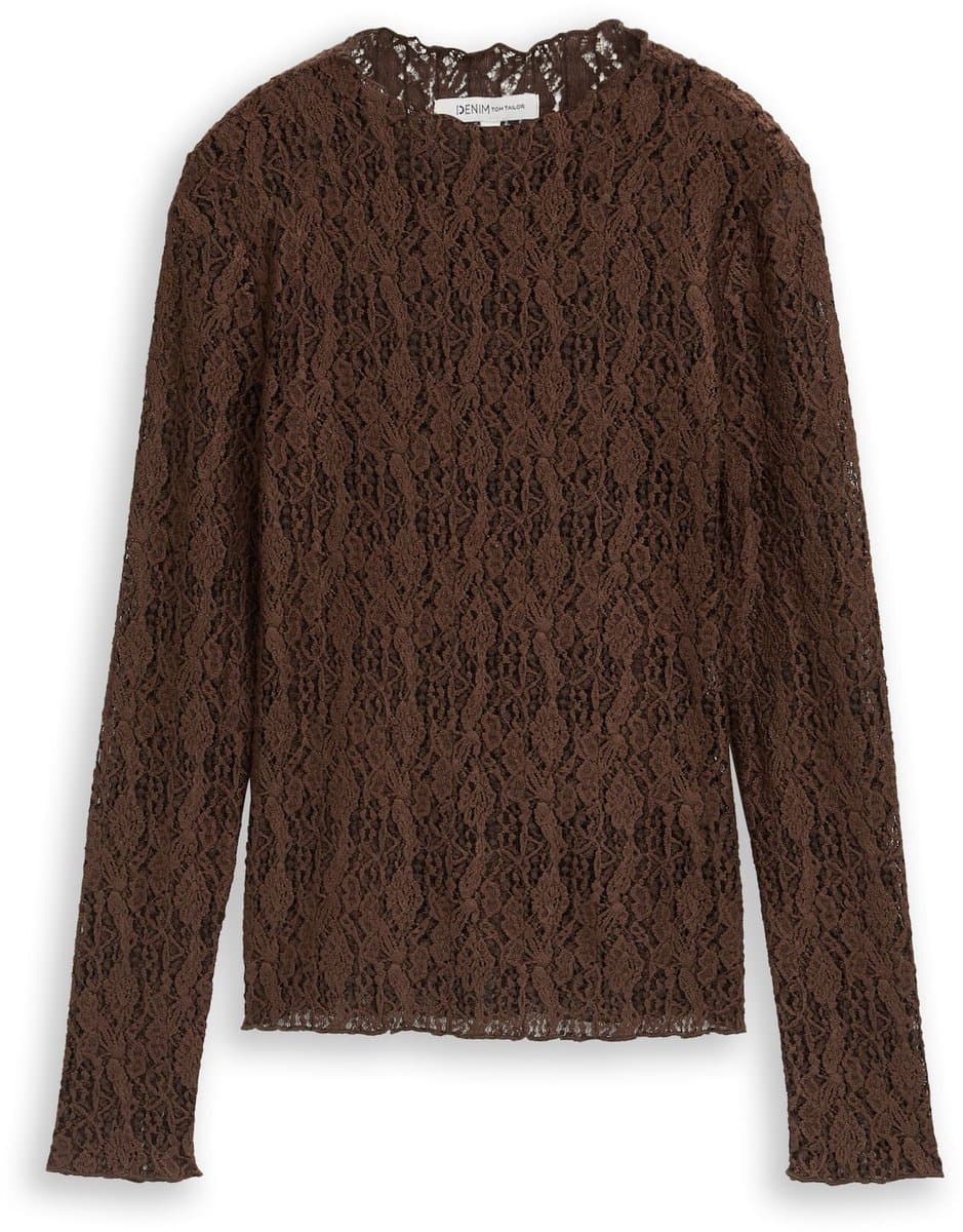 Tom Tailor Denim - Slim fit shirt met lange mouwen van kant - Maat XL - cool dark brown