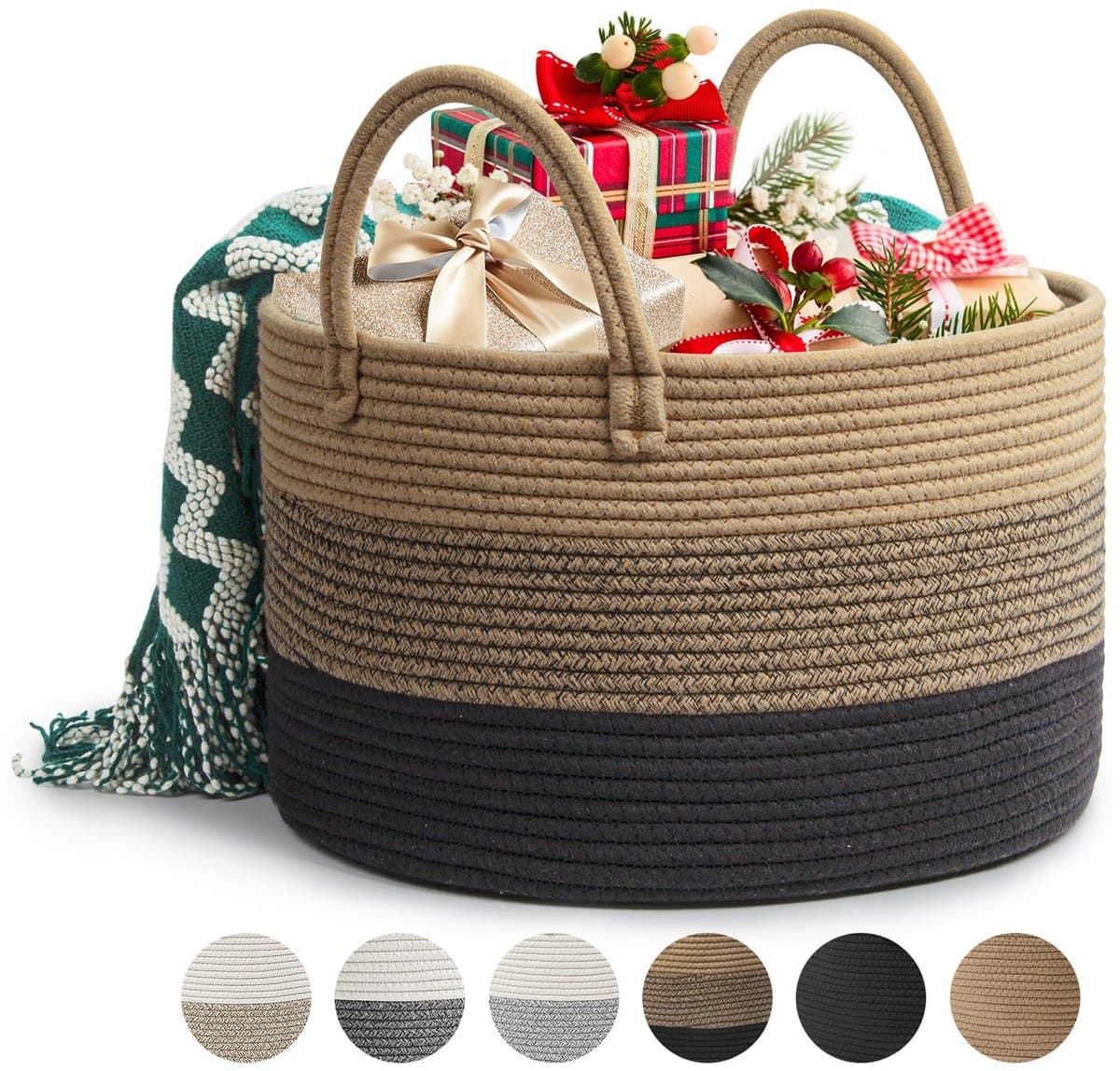 Opbergmand 32L - Katoenen Touwmand - 40 x 25 cm - Met Handgrepen - Opvouwbaar - Bruin/Zwart - Voor Wasgoed, Dekens, Speelgoed & Opbergen