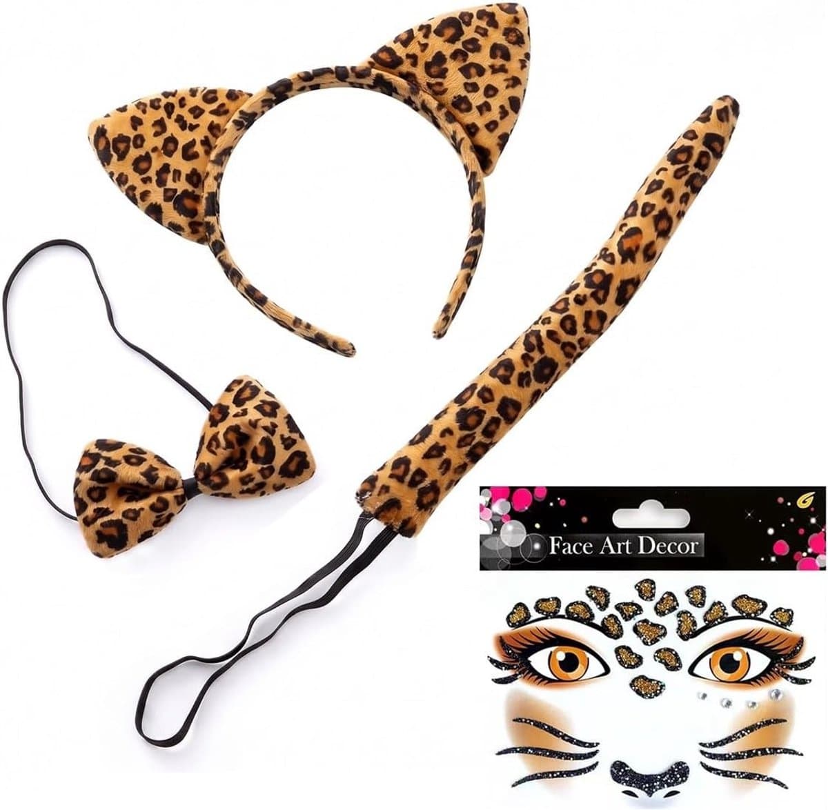 Dierenkostuum Set voor Halloween en Carnaval, Inclusief Kattenoortjes, Staart en Vlinderdas, Leopard Gezichtstattoo voor Feest en Cosplay