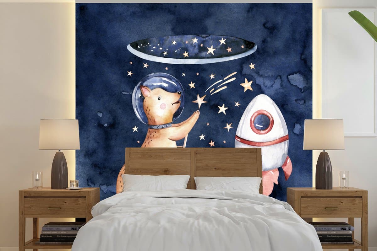 Behang - Fotobehang Raket - Ruimte - Vos - Jongens - Meisjes - Kids - Breedte 220 cm x hoogte 220 cm