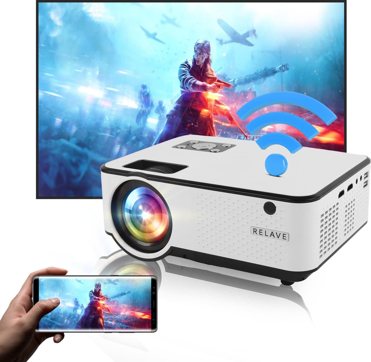 Relave - Input tot Full HD Beamer - 6500 Lumens - Mini Projector - Streamen met Telefoon Via Wifi - met afstandsbediening - Inclusief Projectiescherm