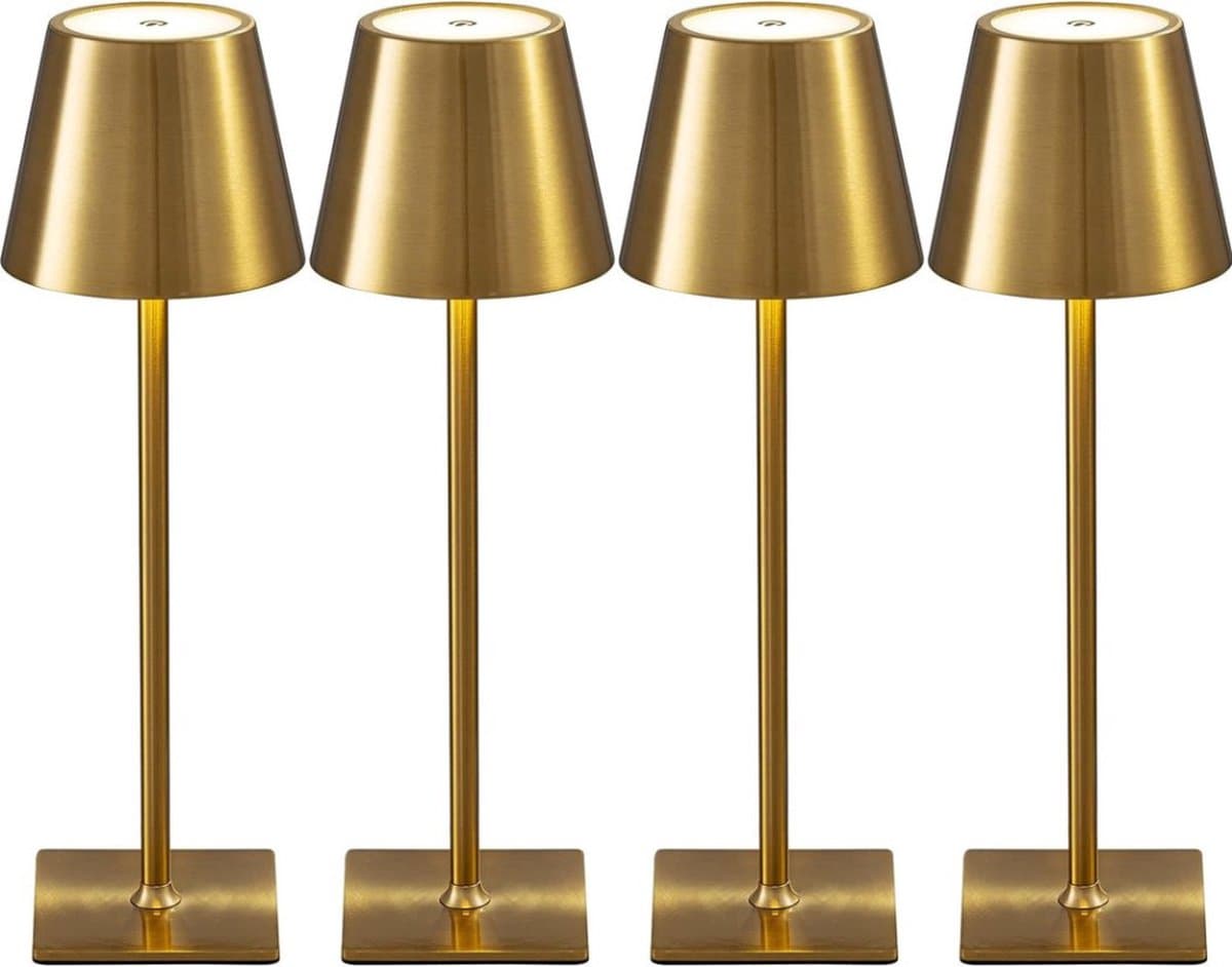 4 Stuks - Oplaadbare Tafellamp - Dimbaar - Aluminium - Bureaulamp - Waterdicht - 38CM - Extra Grote Accu - Goud