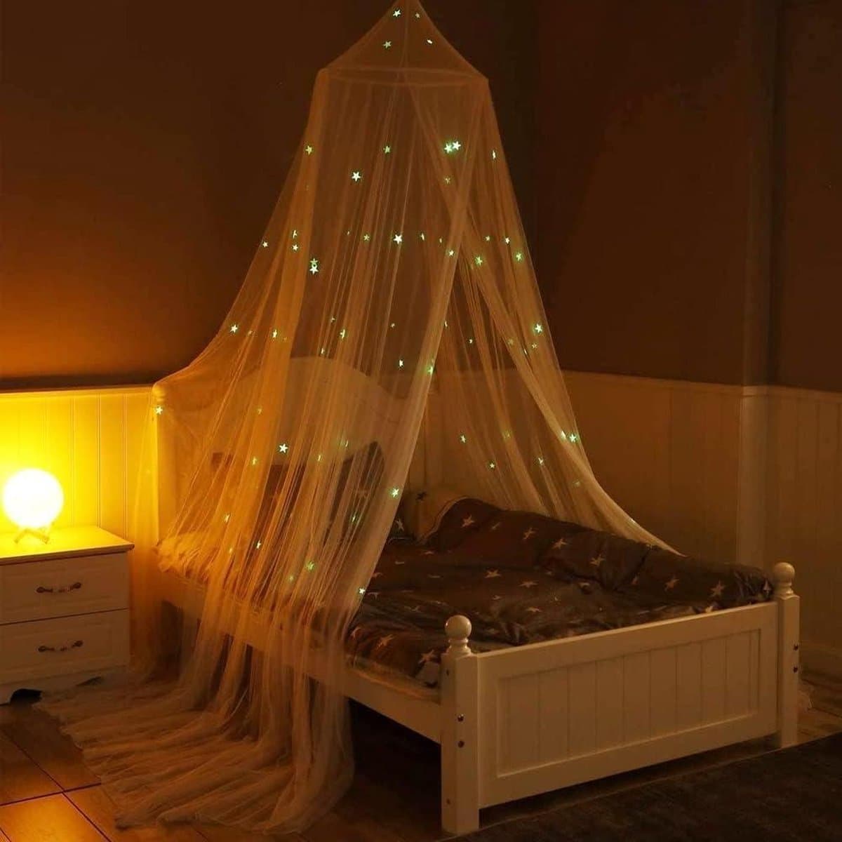 Prinses Wit Klamboe voor Tweepersoonsbed - Fluorescerende Sterren - Muggennet Kinderbed Klamboe