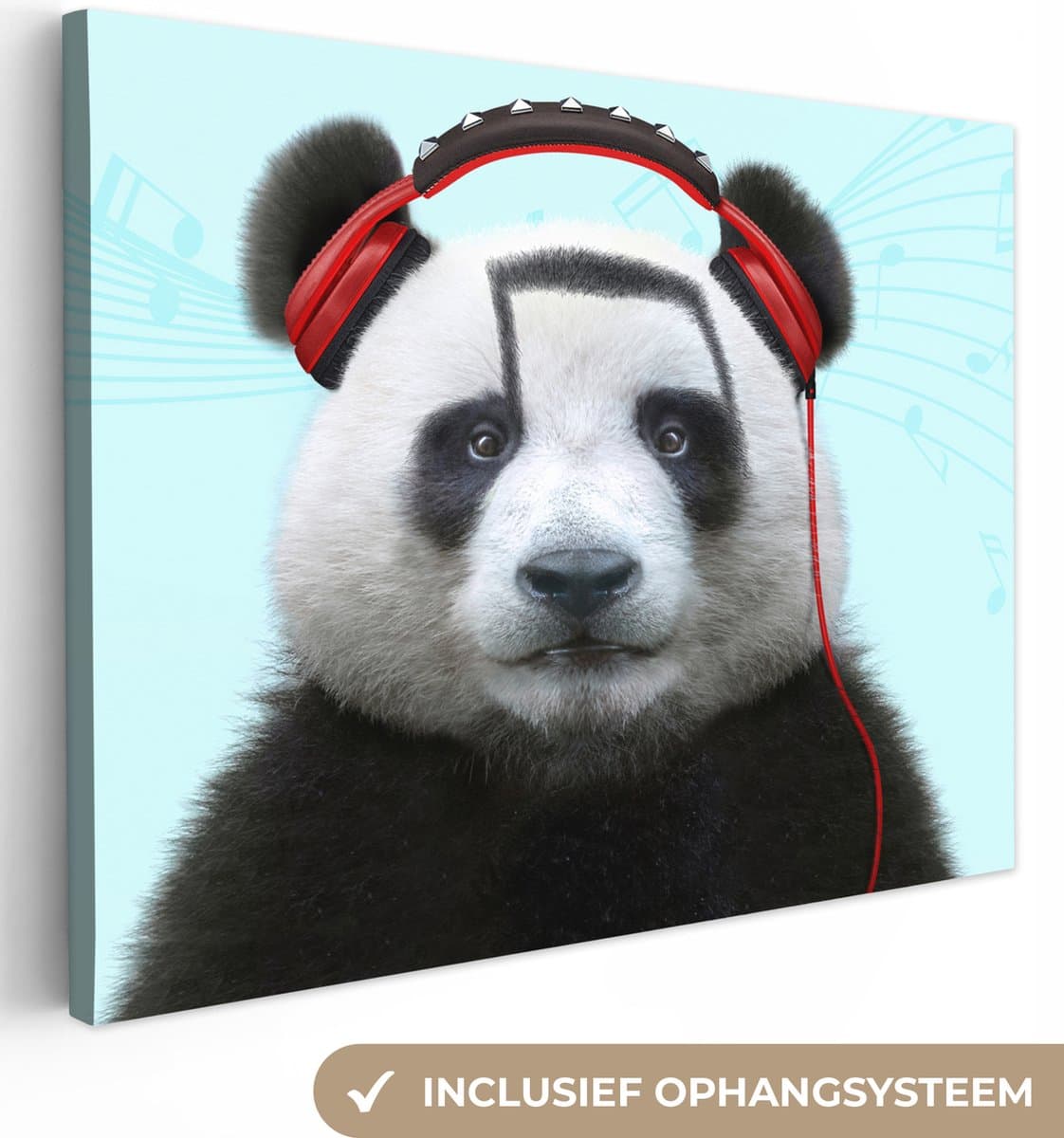 Canvas schilderij - Foto op canvas - Woonkamer decoratie - Panda - Koptelefoon - Dier - Muzieknoten - Rood - 40x30 cm