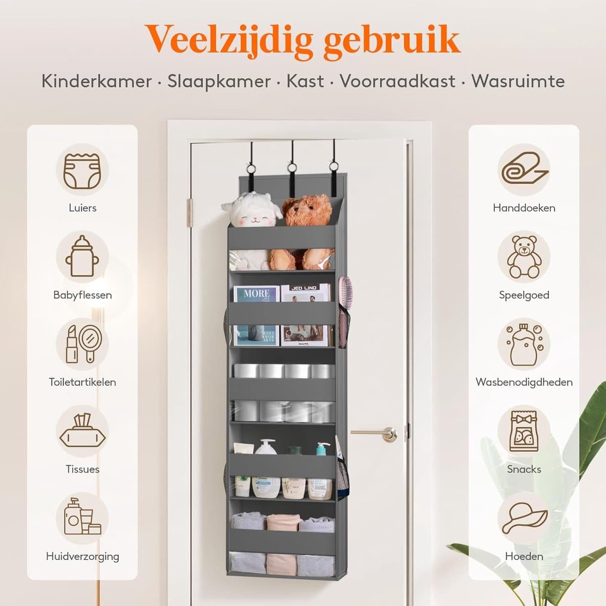 Candala 1 Pack Over de deur organiseren, 5 planken doorzichtige raam hangende opslag met 4 mesh zijzakken, 18kg draagvermogen, voor voorraadkast/kinderkamer/badkamer/slaapkamer/keuken/slaapzaal/camper