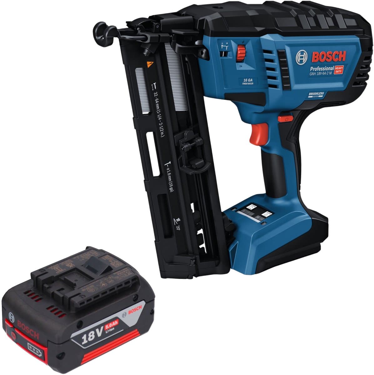 Bosch GNH 18V-64-2 M Professional accu-houtspijkermachine 18 V 1,6 x 32 - 64 mm + 1x accu 5,0 Ah - zonder oplader