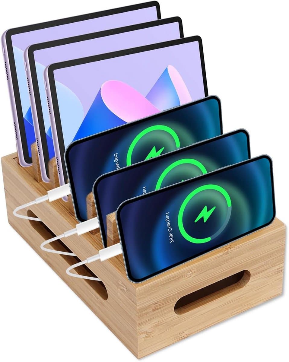 Houten Organizer voor Opladen van Telefoons en Tablets - Bureau Opbergstation