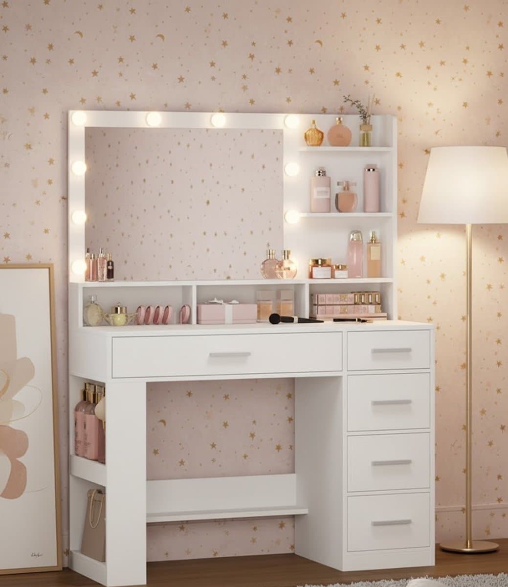 Elegante Make-up Kaptafel met LED Spiegel 40 x 108 x 138 cm – Ruime Opbergruimte & Verstelbare Verlichting – Novihome