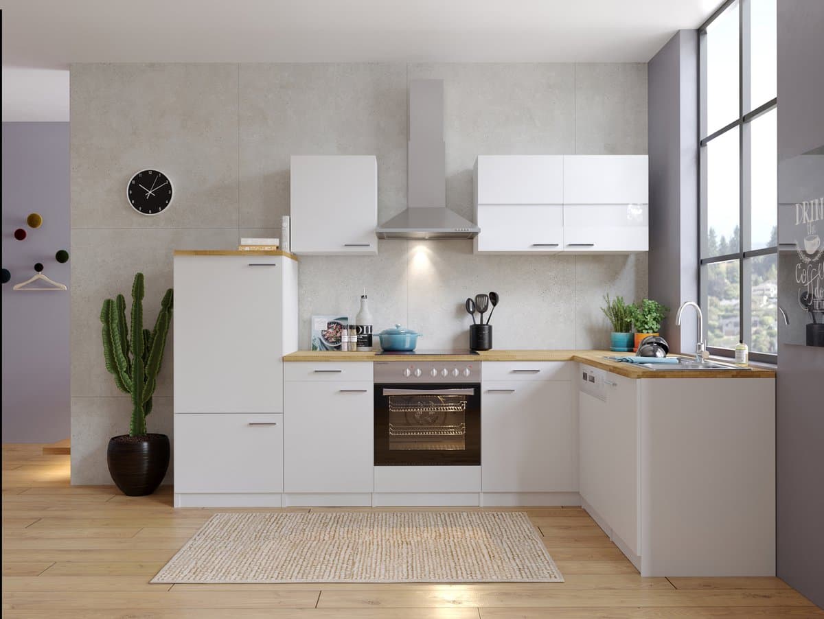 Hoekkeuken 280 cm - complete keuken met apparatuur Malia - Wit/Wit - soft close - keramische kookplaat - vaatwasser - afzuigkap - oven - spoelbak