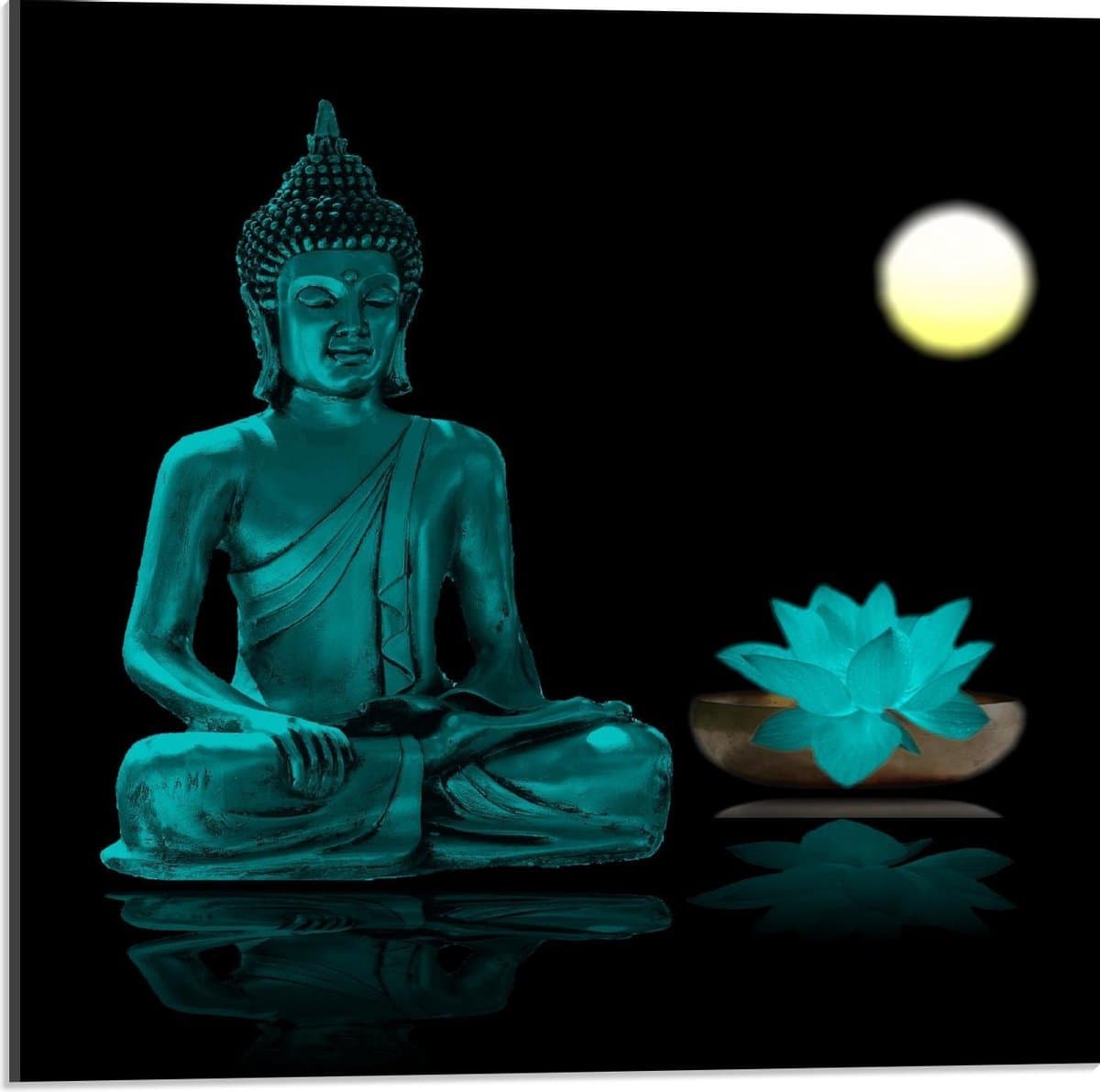 Acrylglas - Boeddha met Blauwe Lotus en Maan - 50x50cm Foto op Acrylglas (Met Ophangsysteem)