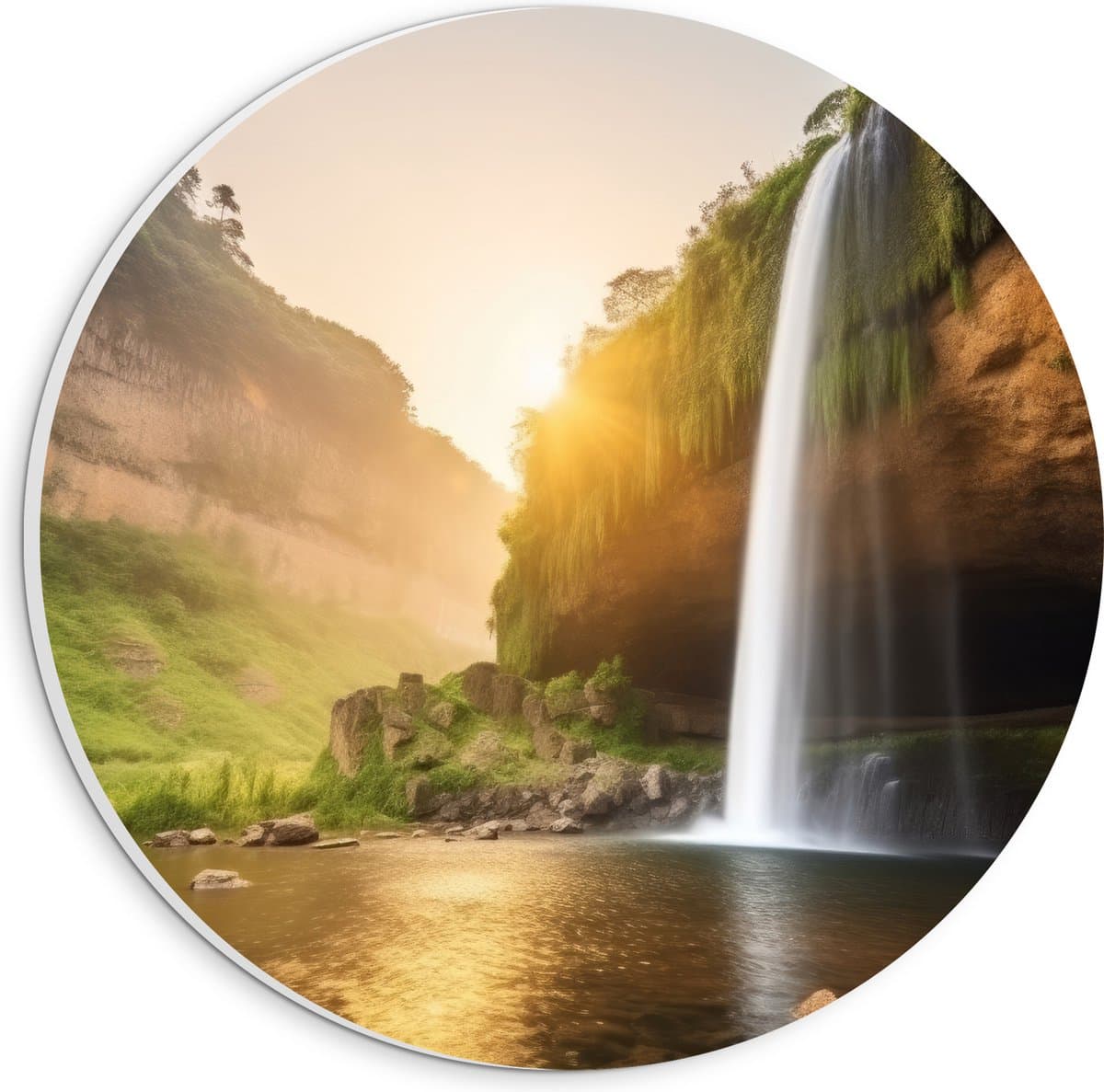 PVC Schuimplaat Muurcirkel - Water - Waterval - Gras - Berg - 20x20 cm Foto op Muurcirkel (met ophangsysteem)