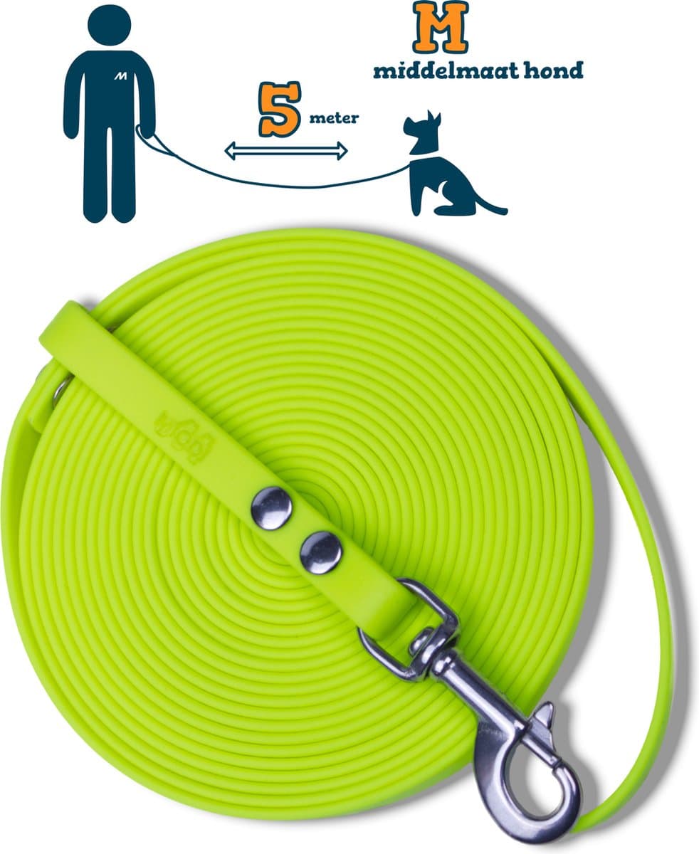 Miqdi lange lijn - BioThane® - neon geel - 5 meter lang – 13mm breed – M – middelmaat hond – lange hondenriem