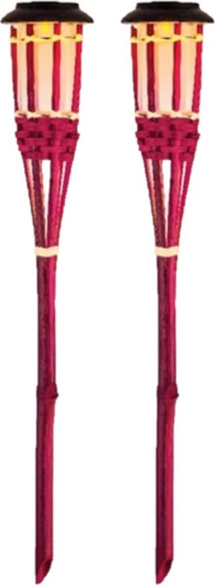 2x Roze buiten/tuin Led fakkel Bodi solar verlichting bamboe 54 cm vlam - Tuinfakkel - Tuinlampen - Lampen op zonne-energie