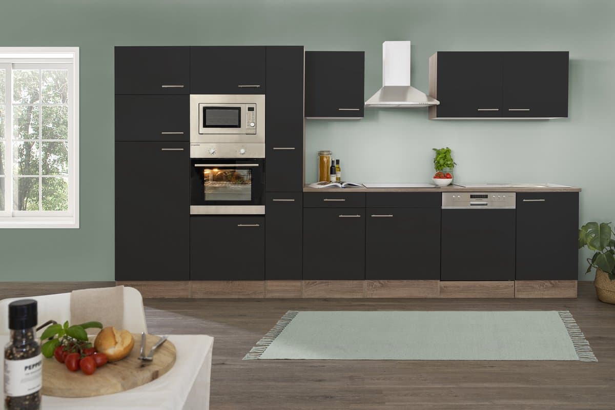 Goedkope keuken 370 cm - complete keuken met apparatuur Oliver - Donker eiken/Zwart - keramische kookplaat - vaatwasser - afzuigkap - oven - magnetron - spoelbak