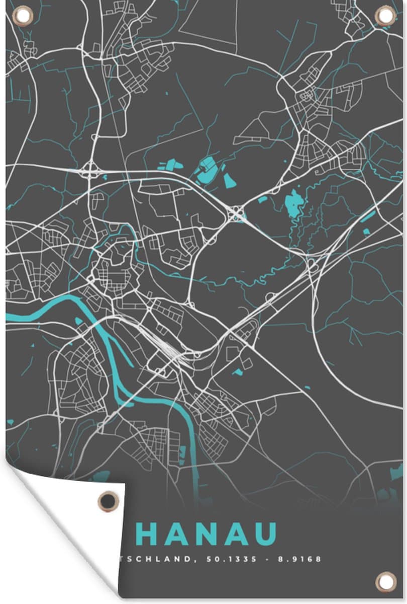 Tuinposter - Tuindoek - Tuinposters buiten - Hanau – Stadskaart – Blauw – Plattegrond – Stadskaart – Kaart - Duitsland - 80x120 cm - Tuin