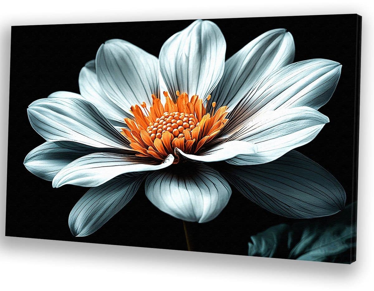 Witte bloem met donker contrast - Bloem schilderij - Schilderij op canvas natuur - Hyperrealisme - Muurdecoratie landelijk - Decoratie woonkamer - canvas 100x75 cm