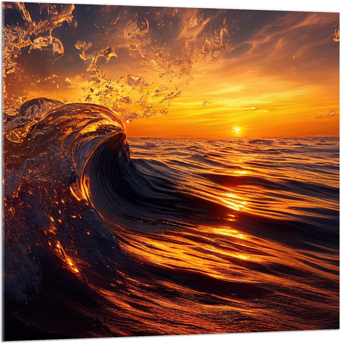 Acrylglas - Klotsende Golven tijdens Zakkende Avondzon in de Zee - 100x100 cm Foto op Acrylglas (Wanddecoratie op Acrylaat)