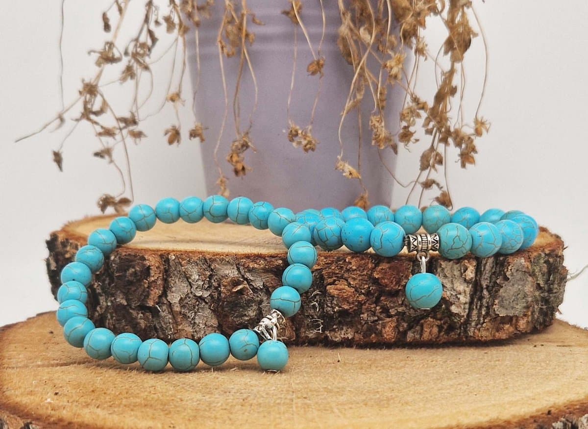 Handgemaakte Fatema natuursteen armband met natuursteen hanger "Turkoois " -10 mm diameter van de korrel- Diameter armband 20 cm - Een mooi cadeau voor familie en vrienden