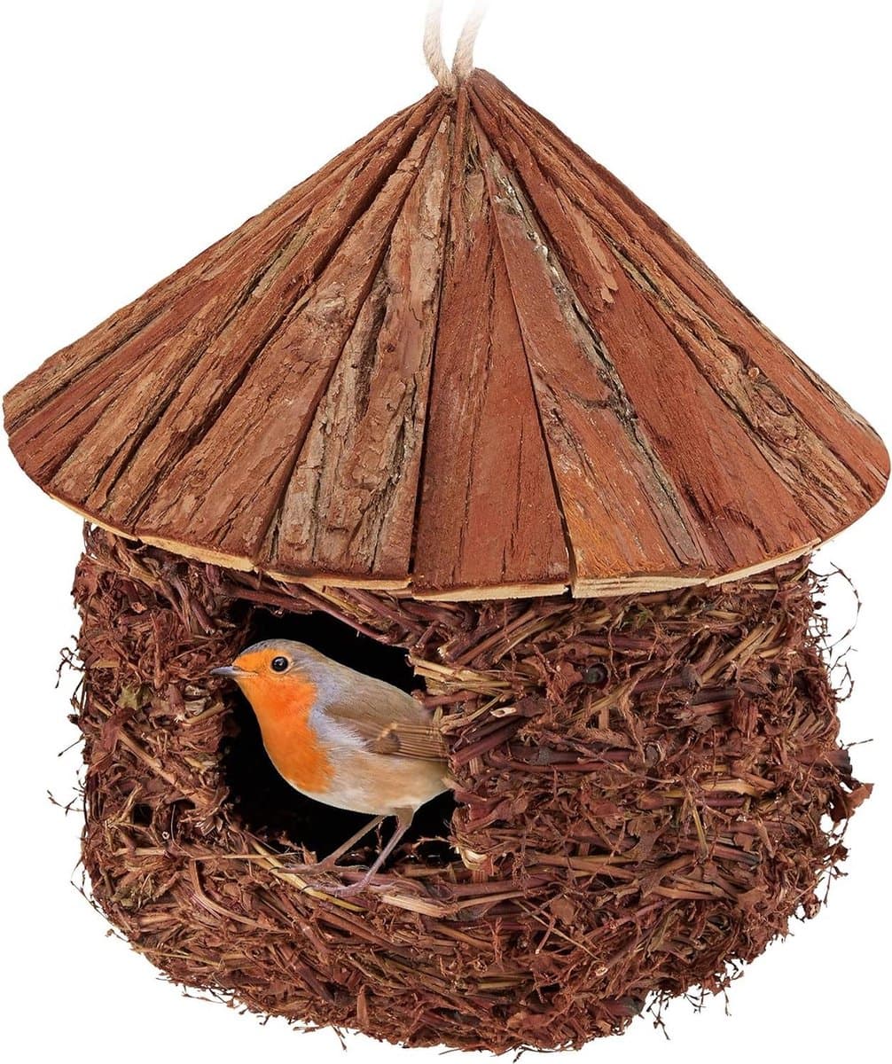 Hangend vogelhuisje tuin balkon-roodborstje-stro-nestbuidel-decoratie 26x25 cm bruin