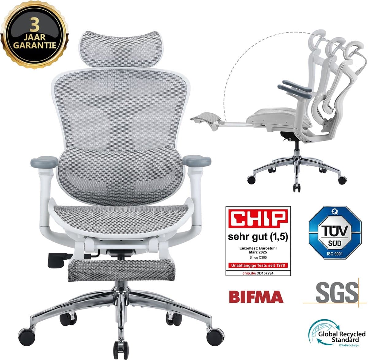SIHOO Doro C300 JT Ergonomische Bureaustoel - 3D Armleuningen - Zelfaanpassende Lendensteun - Slim Gewichtsmechanisme - Mesh Rugleuning - 3 Kantelstanden - TUV/SGS Gecertificeerd - Tot 150kg - 70x69x128cm——Wit