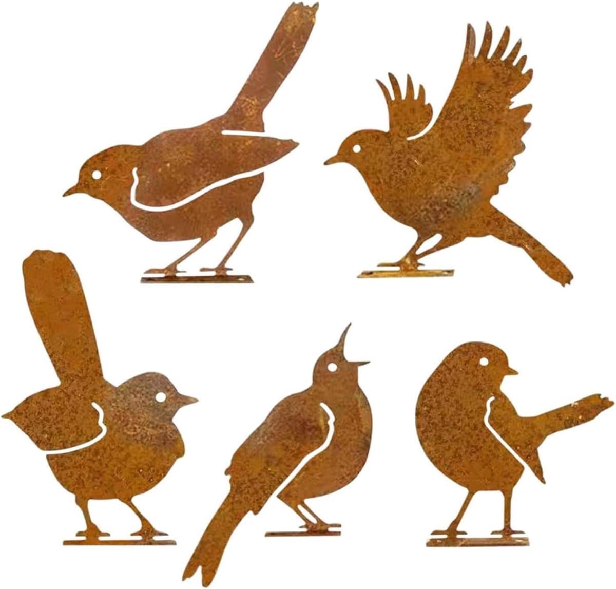 Vogelfiguren - 5-delige set roestkleurige dierensculpturen - outdoor vogelfiguren van metaal voor buiten, decoratie voor gazons, tuinen, terrassen, 's, hekken en lentelandschap
