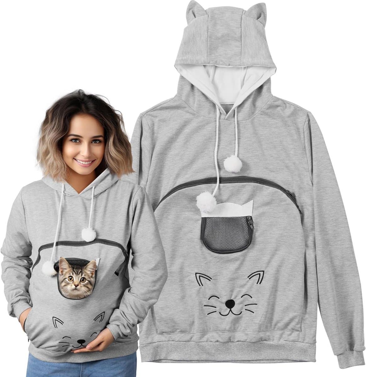 Dames Hoodie met Buidel voor Kat of Kleine Hond - Warm Trui met Oortjes